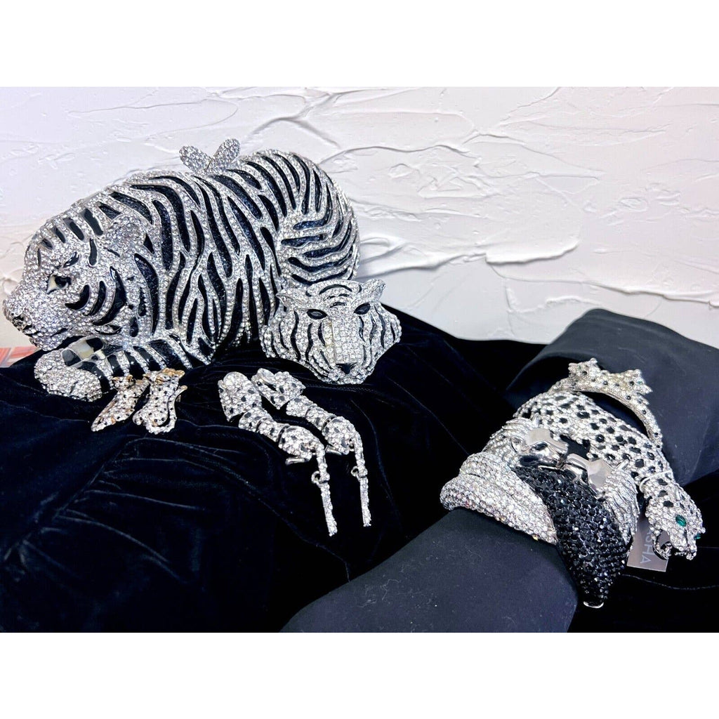 Natasha Tiger Crystal-Embellished Evening Clutch Minaudiere Bag NIB $398+ MORE! New Arrivals Natasha