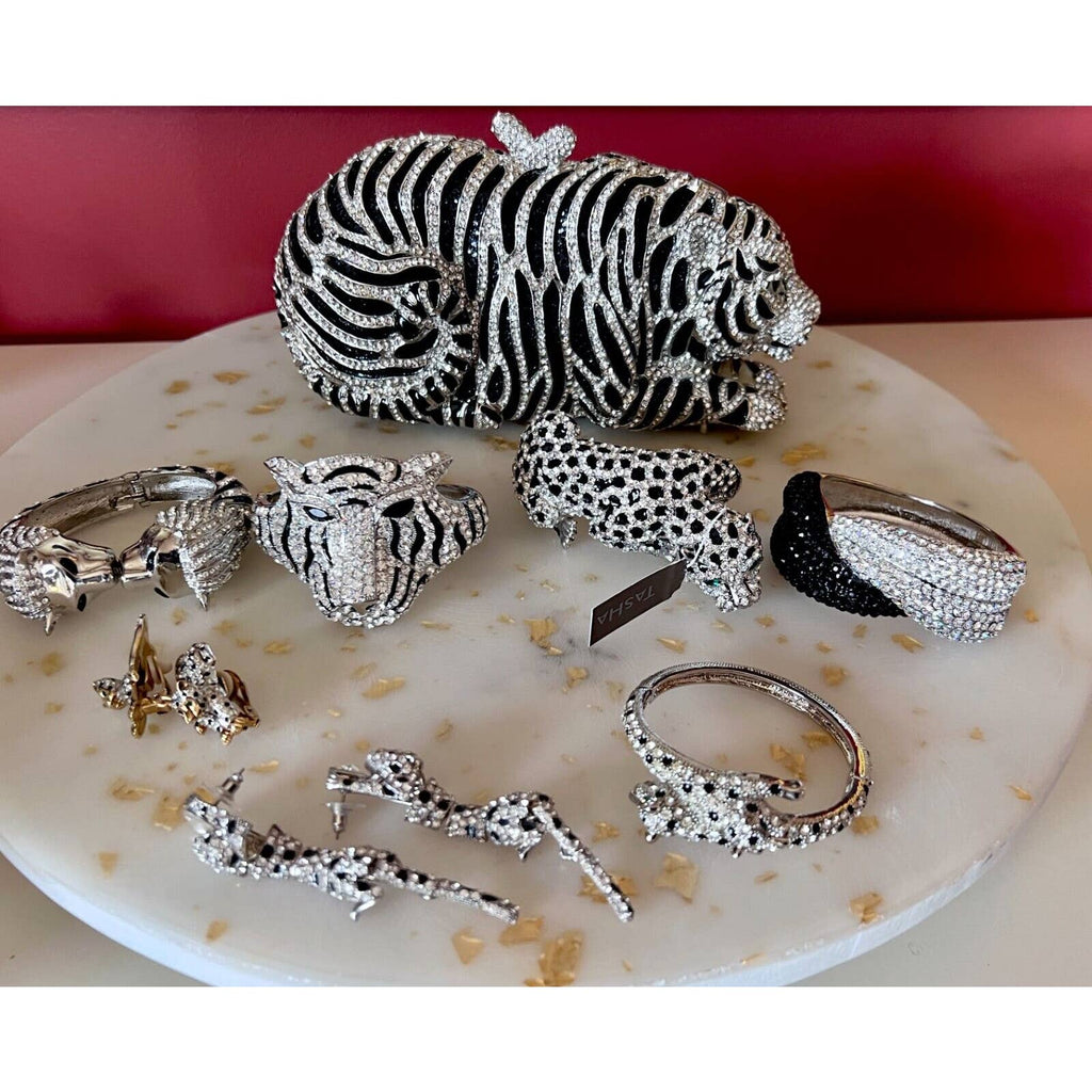 Natasha Tiger Crystal-Embellished Evening Clutch Minaudiere Bag NIB $398+ MORE! New Arrivals Natasha