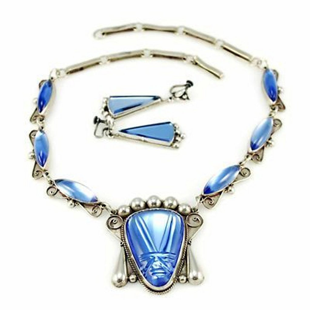 Stunning Vintage Sterling & Cobalt Taxco Signed Necklace 4 Pc Set 1940S Huge Heads Jewelry Taxco