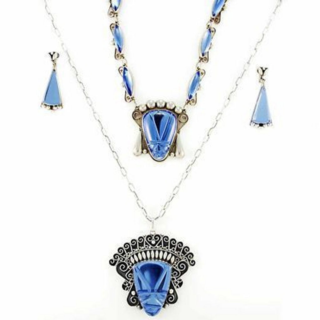 Stunning Vintage Sterling & Cobalt Taxco Signed Necklace 4 Pc Set 1940S Huge Heads Jewelry Taxco