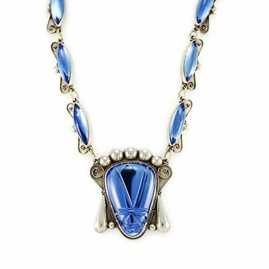 Stunning Vintage Sterling & Cobalt Taxco Signed Necklace 4 Pc Set 1940S Huge Heads Jewelry Taxco