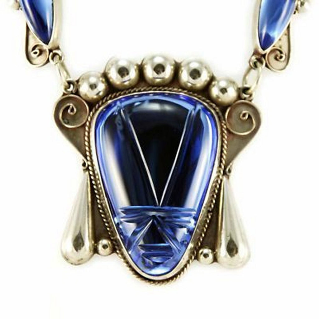 Stunning Vintage Sterling & Cobalt Taxco Signed Necklace 4 Pc Set 1940S Huge Heads Jewelry Taxco