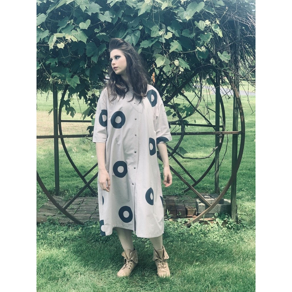 Vintage Mod 1970s Iconic Vuokko Beige / Gray Circles Geometric Print Coat Dress Sz S marimekko The Best Vintage Clothing