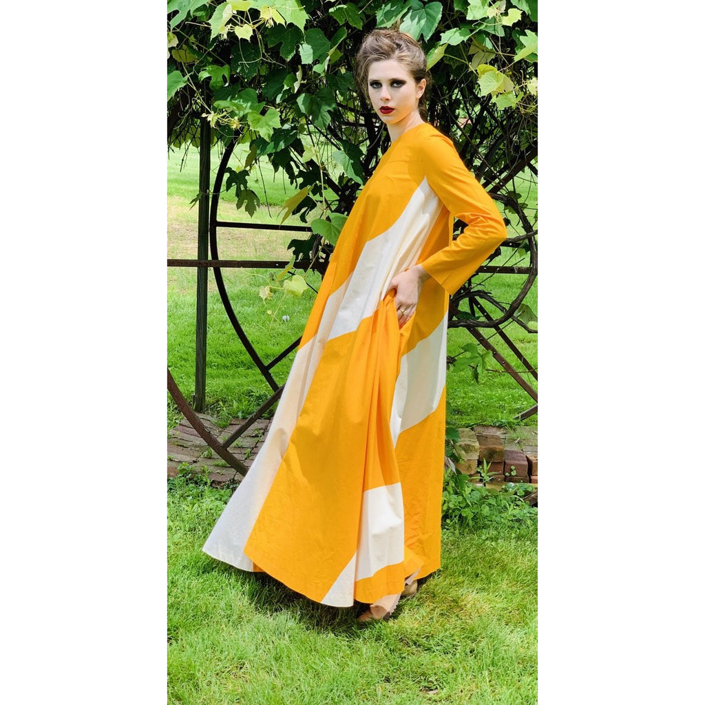 Vintage ”Metsä” Vuokko Nurmesniemi Womens Tent Dress 70s M EU42 Yellow White Stripe Cotton marimekko The Best Vintage Clothing