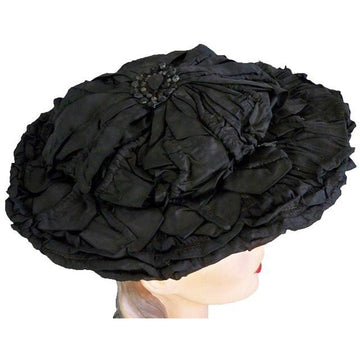 Victorian Womens Silk Wide Brim Hat Black Ribbon Jet Decoration 1890S Women's The Best Vintage Clothing