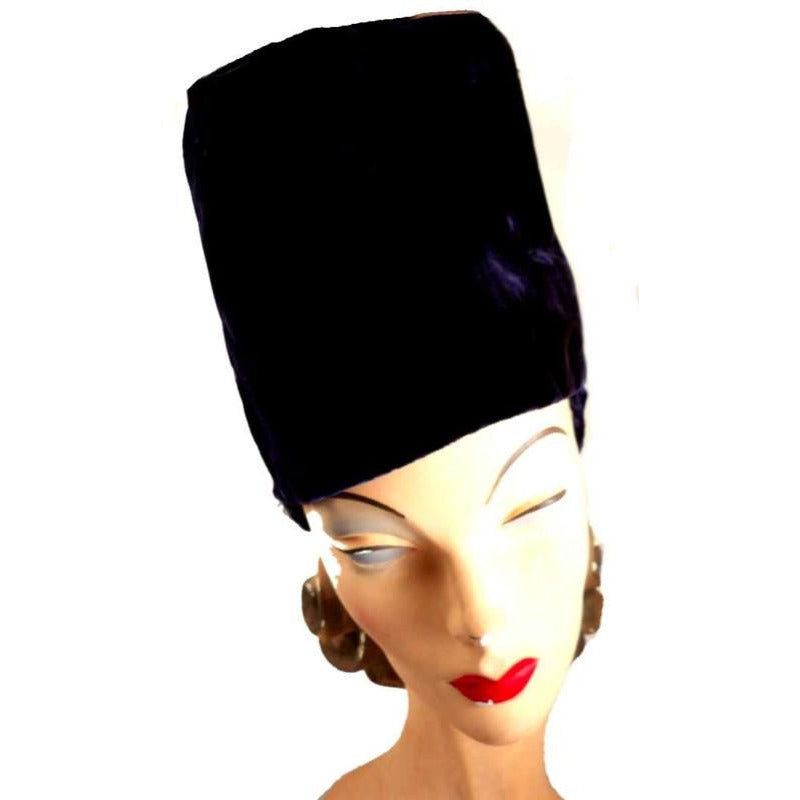 Vintage Deep Blue Velvet Tall Architectural Hat 1940S By Billie 22" Medium Hats vendor-unknown