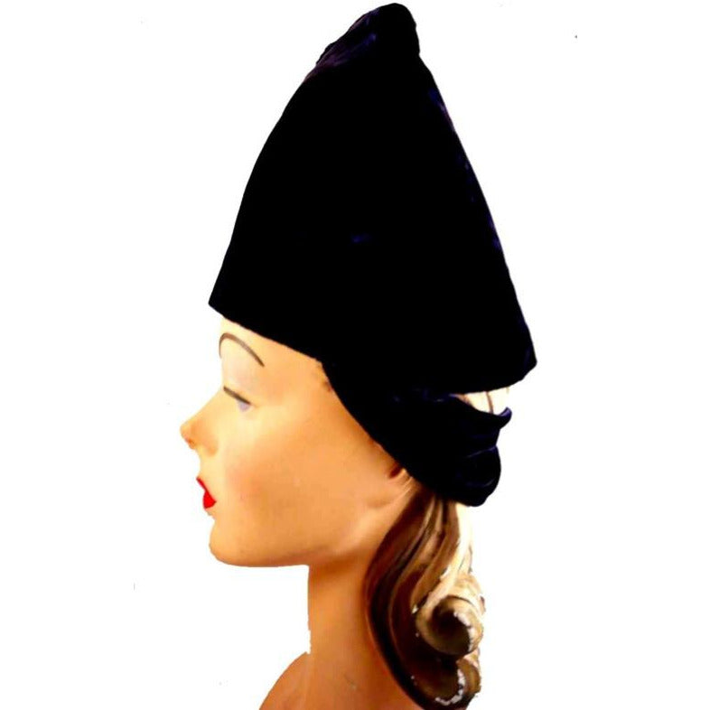 Vintage Deep Blue Velvet Tall Architectural Hat 1940S By Billie 22" Medium Hats vendor-unknown