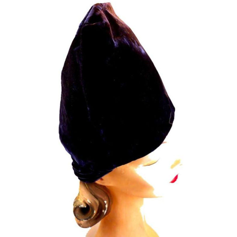 Vintage Deep Blue Velvet Tall Architectural Hat 1940S By Billie 22" Medium Hats vendor-unknown