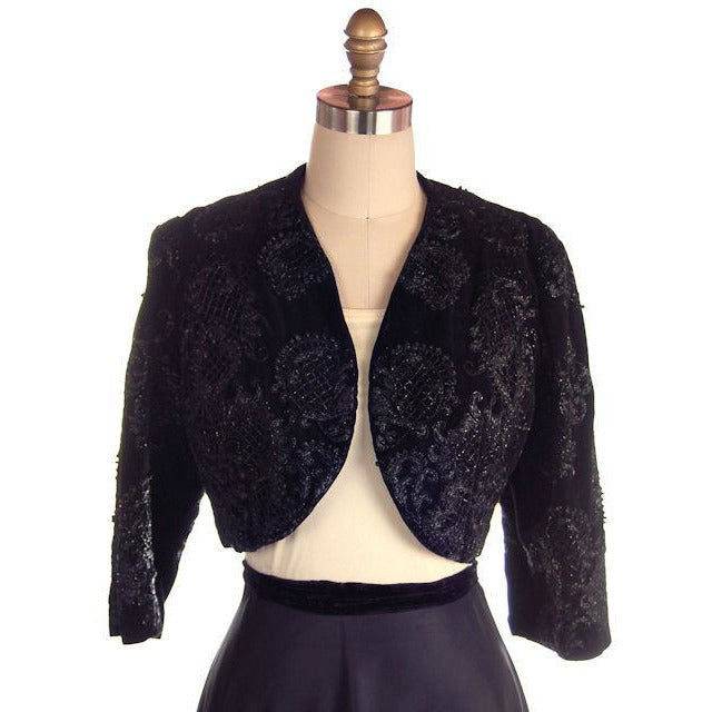 Vintage Bolero Black Velvet Heavily Beaded Soutache 1950S 38"B Provenance Women's The Best Vintage Clothing