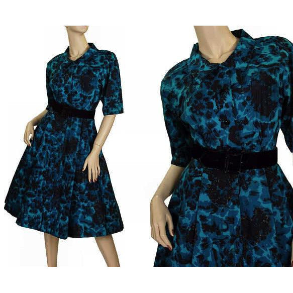 Vintage MCM Cocktail Dress Black & Turquoise Brocade Beaded 1950S Peer 36-26-Free S Cart2cart Peer