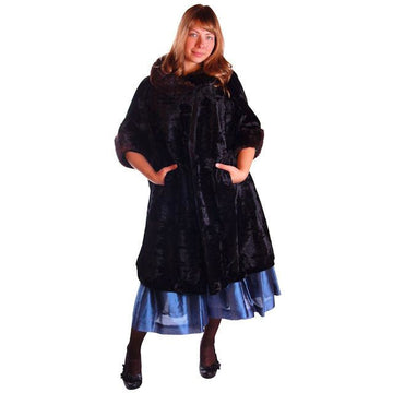 Vintage Black Crushed Silk Velveteen Cocoon Coat Brown Mink Trim 50S Med - The Best Vintage Clothing
 - 1