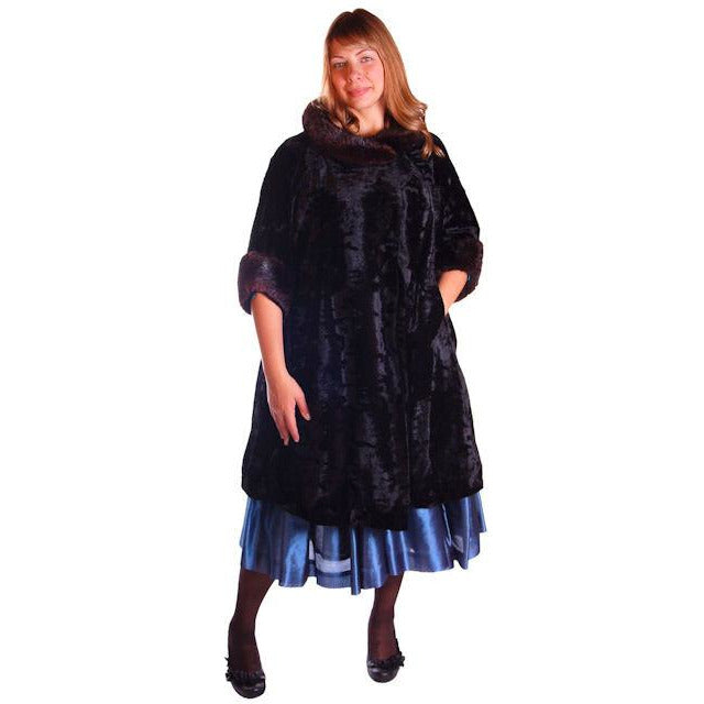 Vintage Black Crushed Silk Velveteen Cocoon Coat Brown Mink Trim 50S Med Cart2cart The Best Vintage Clothing