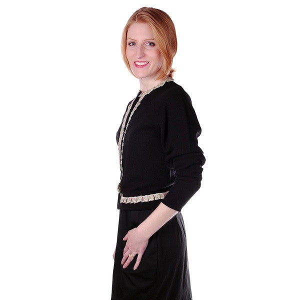Vintage Cashmere Sweater Black w/Embroidered Ribbon Trim 1950S Women's The Best Vintage Clothing