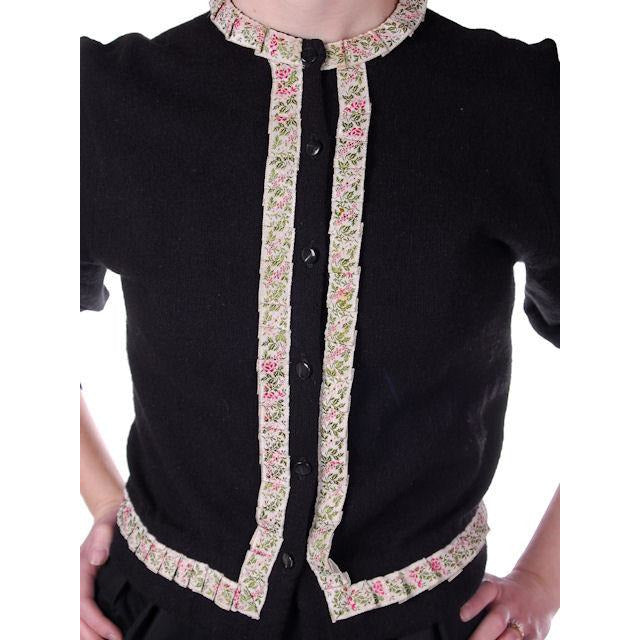 Vintage Cashmere Sweater Black w/Embroidered Ribbon Trim 1950S Women's The Best Vintage Clothing