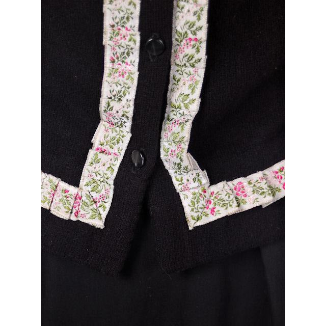 Vintage Cashmere Sweater Black w/Embroidered Ribbon Trim 1950S Women's The Best Vintage Clothing