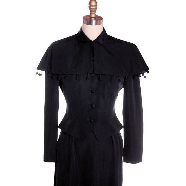 Vintage Black Rayon Suit w/ Cape Ball Fringe 1940s Sz 4 Cart2cart The Best Vintage Clothing