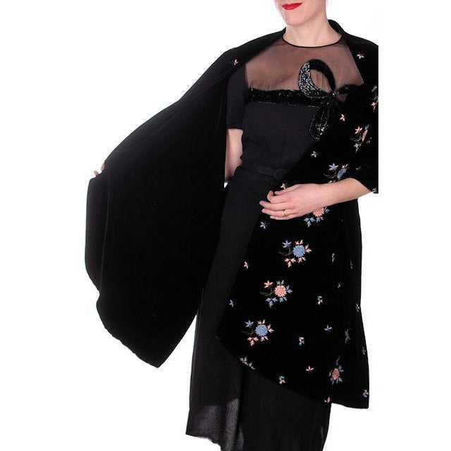 Vintage Black Velvet Wrap/Stole Blue/Pink Embroidery Flowers Gold Soutache 1950s Women's The Best Vintage Clothing