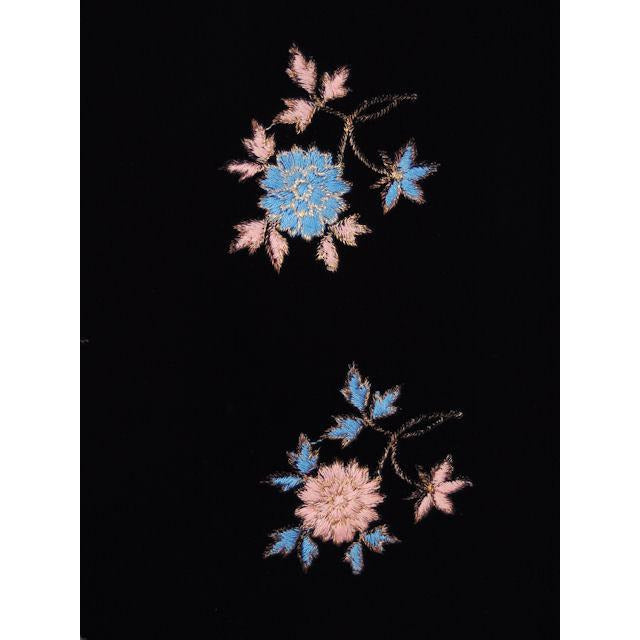 Vintage Black Velvet Wrap/Stole Blue/Pink Embroidery Flowers Gold Soutache 1950s Women's The Best Vintage Clothing