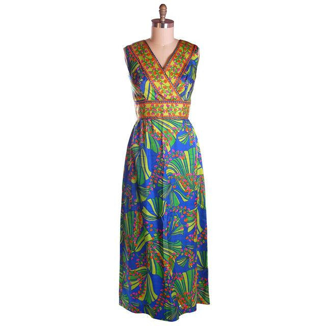 Vintage Blue Mod Border Print Dress Matinee NOS 1970S 36-31-42 Cart2cart Matinee