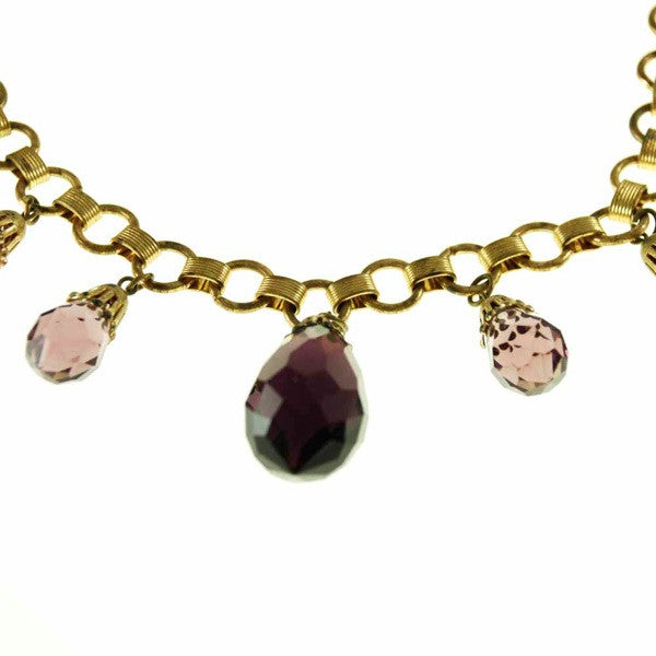 Vintage Brass & Large Purple Amethyst Drop Necklace 1940S Cart2cart The Best Vintage Clothing