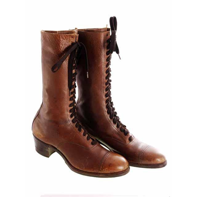 Vintage Brown Leather Ladies Tall Laceup Boots S 7-7.5 Edwardian-1920 Women's,Shoes,On Sale vendor-unknown