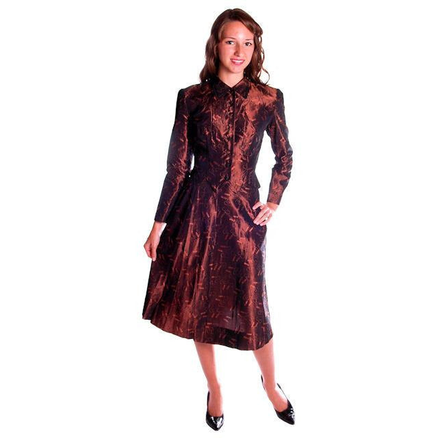 Vintage Copper Taffeta Suit with Print 1940s Small 35-22-40 Women's Junior Accent