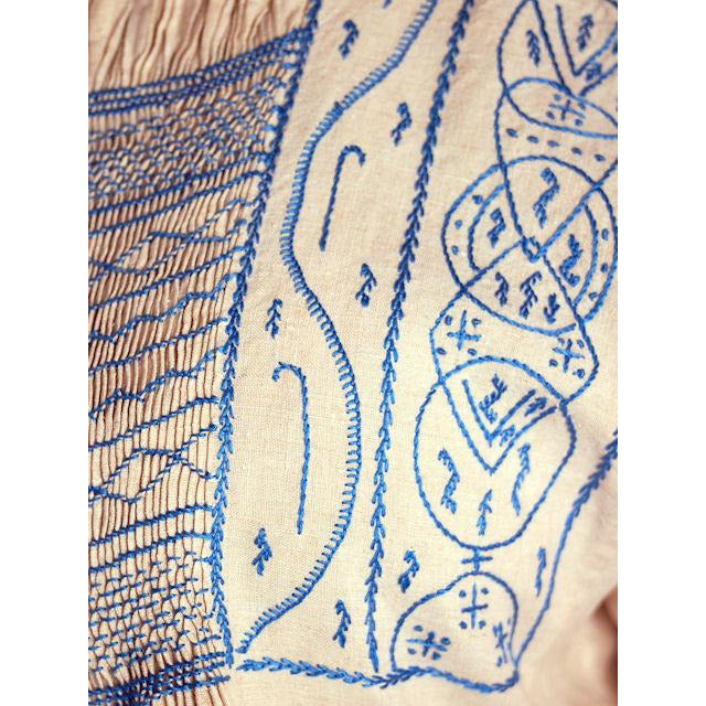 Vintage French Hand Embroidered Smocked Linen Dress Paris 1920s Blue / White Women's vendor-unknown