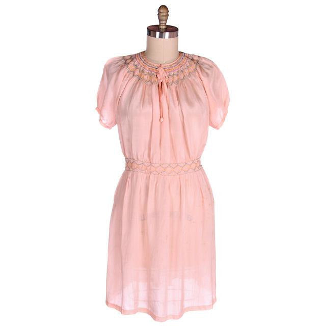 Vintage Girls Peach Silk Pongee Day Dress 1920s Drop Waist Embroidered Children's,Women's vendor-unknown