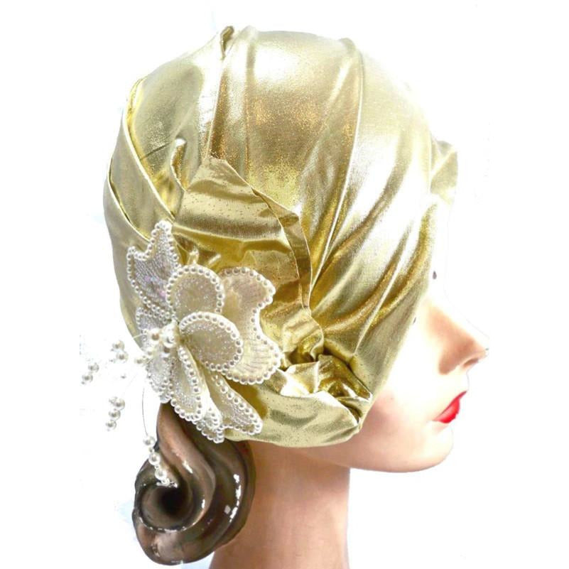 Vintage Gold Metallic Cloche Hat 1980S Pearls Large 1920s Look Hats vendor-unknown