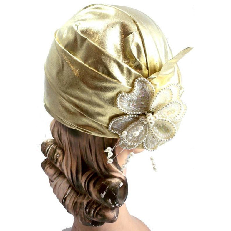 Vintage Gold Metallic Cloche Hat 1980S Pearls Large 1920s Look Hats vendor-unknown