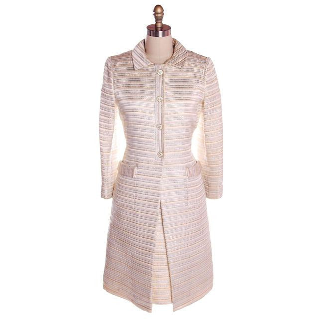 Vintage Suit/Dress & Coat Gold/ SIlver Metallic Striped 1960s Size 8 New Arrivals vendor-unknown