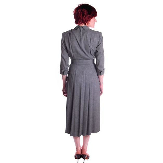 Vintage Heather Gray Wool Gabardine Day Dress 1950's Lenbarry 38-26-44 Cart2cart Lenbarry