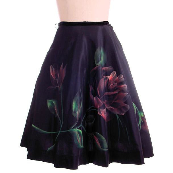 Vintage Circle Skirt Hand Painted Rose On Black 1950S 30" Waist Cart2cart The Best Vintage Clothing