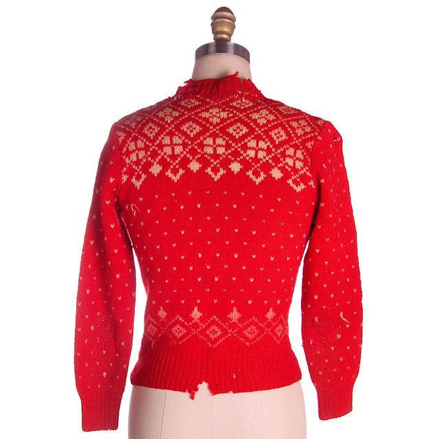 1930s 40s Cardigan Sweater Hand Knit Red Patterned Wool 1940s Shabby S-M Women's The Best Vintage Clothing