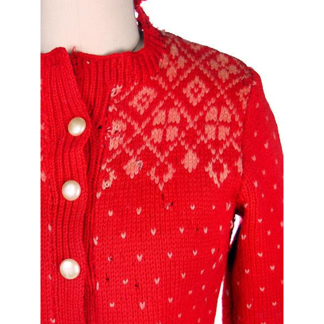 1930s 40s Cardigan Sweater Hand Knit Red Patterned Wool 1940s Shabby S-M Women's The Best Vintage Clothing