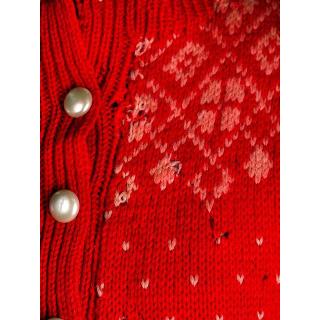 1930s 40s Cardigan Sweater Hand Knit Red Patterned Wool 1940s Shabby S-M Women's The Best Vintage Clothing