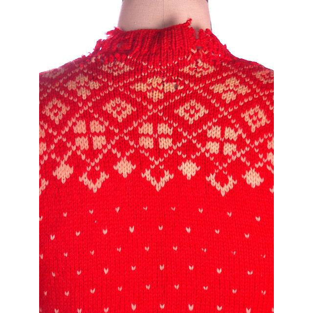 1930s 40s Cardigan Sweater Hand Knit Red Patterned Wool 1940s Shabby S-M Women's The Best Vintage Clothing