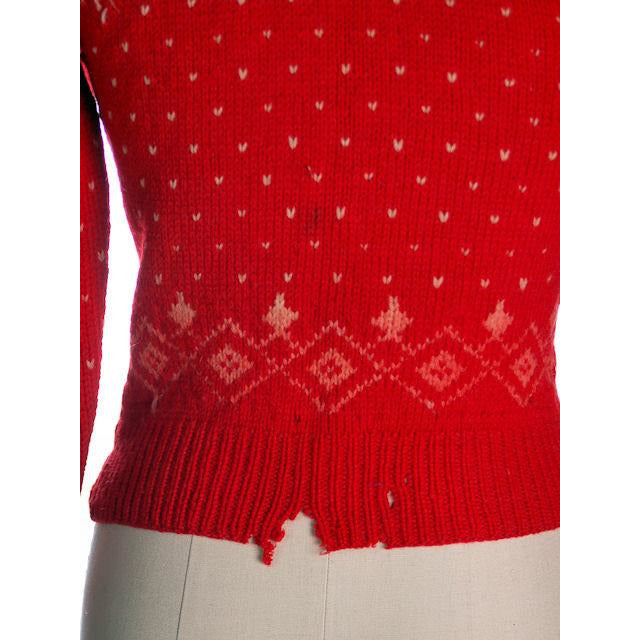 1930s 40s Cardigan Sweater Hand Knit Red Patterned Wool 1940s Shabby S-M Women's The Best Vintage Clothing