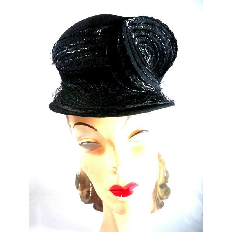 Vintage Ladies Black Hat Tip Style Felt/ Cellophane Straw Louise Early 1940s Hats Louise