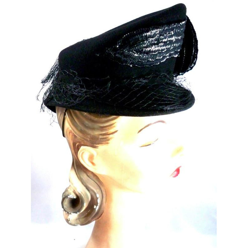 Vintage Ladies Black Hat Tip Style Felt/ Cellophane Straw Louise Early 1940s Hats Louise