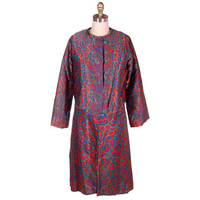 Vintage Ladies Opera Coat Orange/Turquoise Metallic Brocade Deco Pattern 1918 M Women's The Best Vintage Clothing