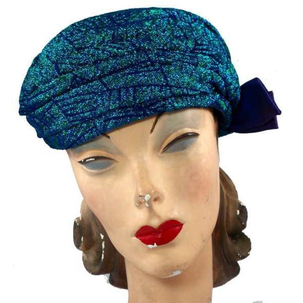 Vintage Metallic Turquoise Damask Sparkly Ladies Hat 1950S Hats,On Sale The Best Vintage Clothing