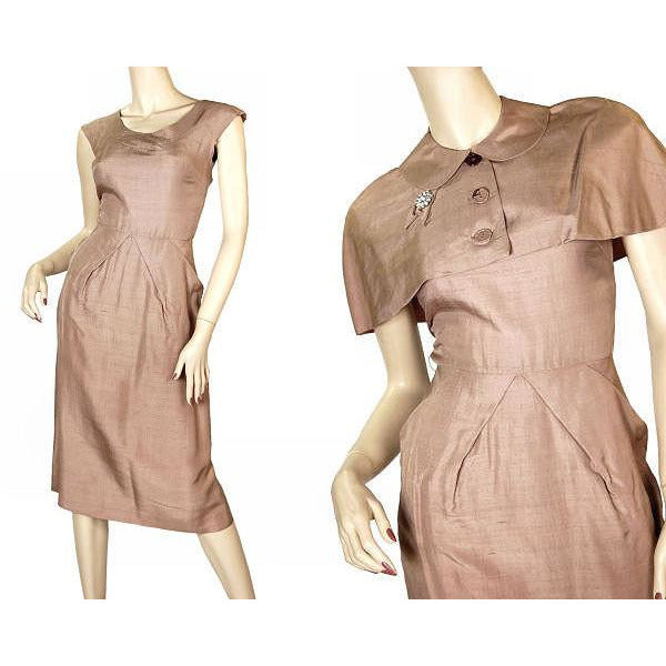 VTG 1950s Mocha Silk Wiggle Cocktail Dress & Capelet Hourglass XS/S Mad Men Women's The Best Vintage Clothing