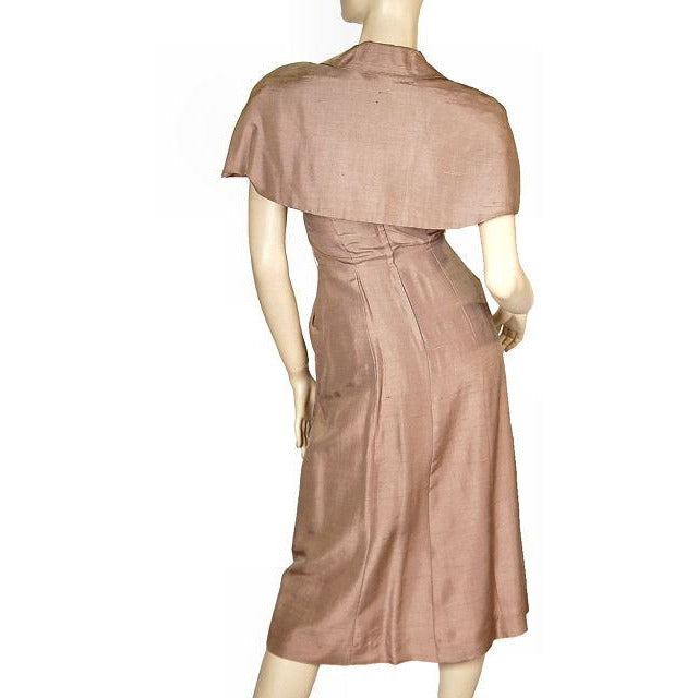 VTG 1950s Mocha Silk Wiggle Cocktail Dress & Capelet Hourglass XS/S Mad Men Women's The Best Vintage Clothing