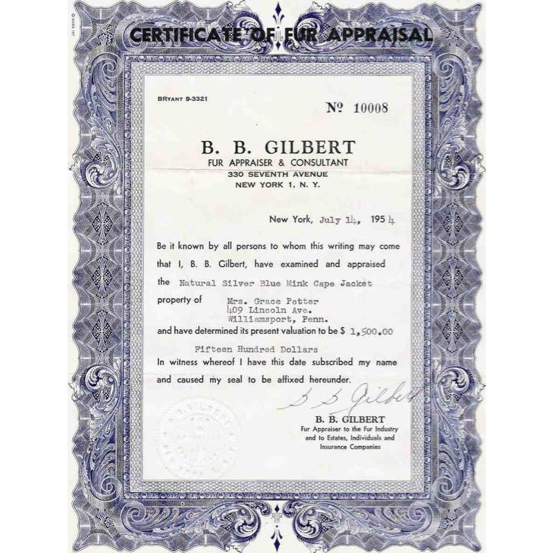 Vintage Fur Stole Natural Silver Blue Mink Cape 1954 Luxury W Appraisal Certificate Women's vendor-unknown