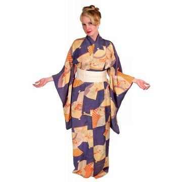 Vintage Silk Kimono w/ Fan Motif Dusty Periwinkle Peach 1920S One Size - The Best Vintage Clothing
 - 1