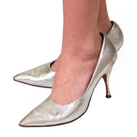 Vintage Shoes Silver Leather Stiletto Heels Tiny Ackerman 1950S 7.5 Shoes,On Sale Tiny Ackerman