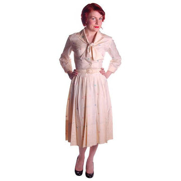 Vintage Silk Day Dress Pavion David Barr 1950s 36-24-Free Palm Tree Guitar Print Cart2cart Pavion