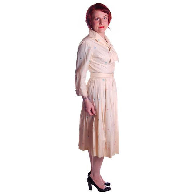 Vintage Silk Day Dress Pavion David Barr 1950s 36-24-Free Palm Tree Guitar Print Cart2cart Pavion