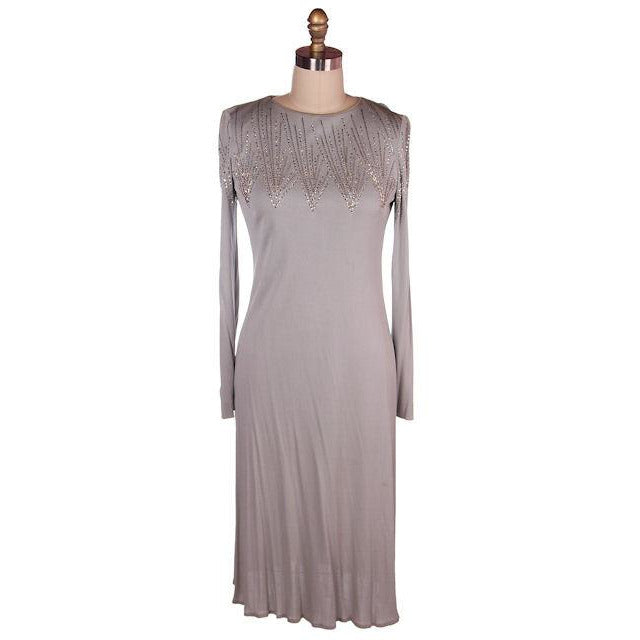 Traina VTG Silk Jersey Knit Dress Deco Rhinestone Yoke Gray/Green 1970s 36-33-41 Women's Traina